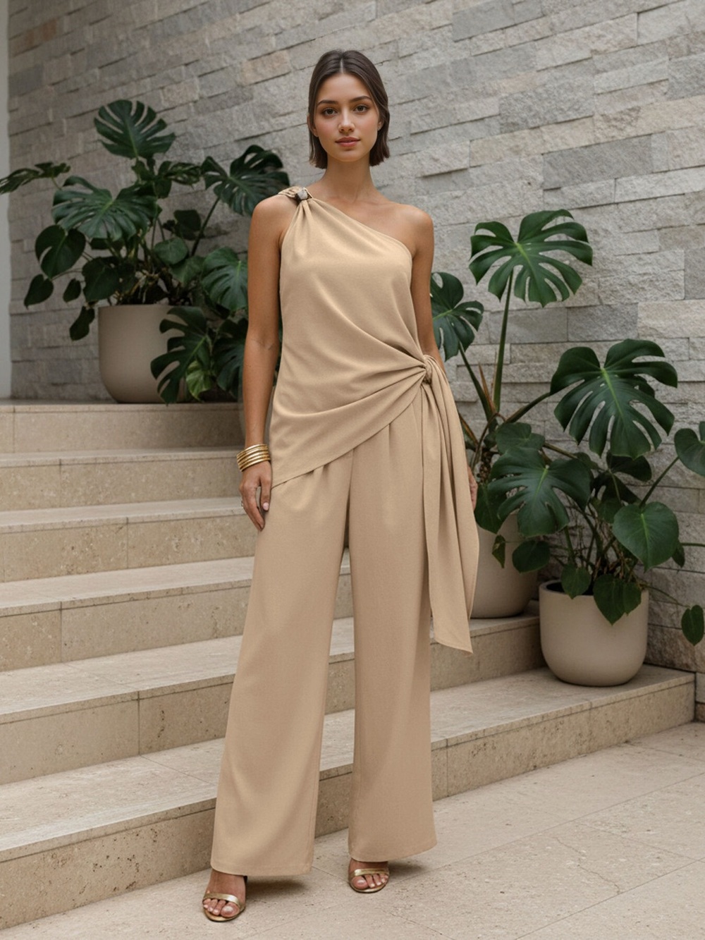 One-Shoulder Tie-Waist Top and Wide-Leg Pants Set